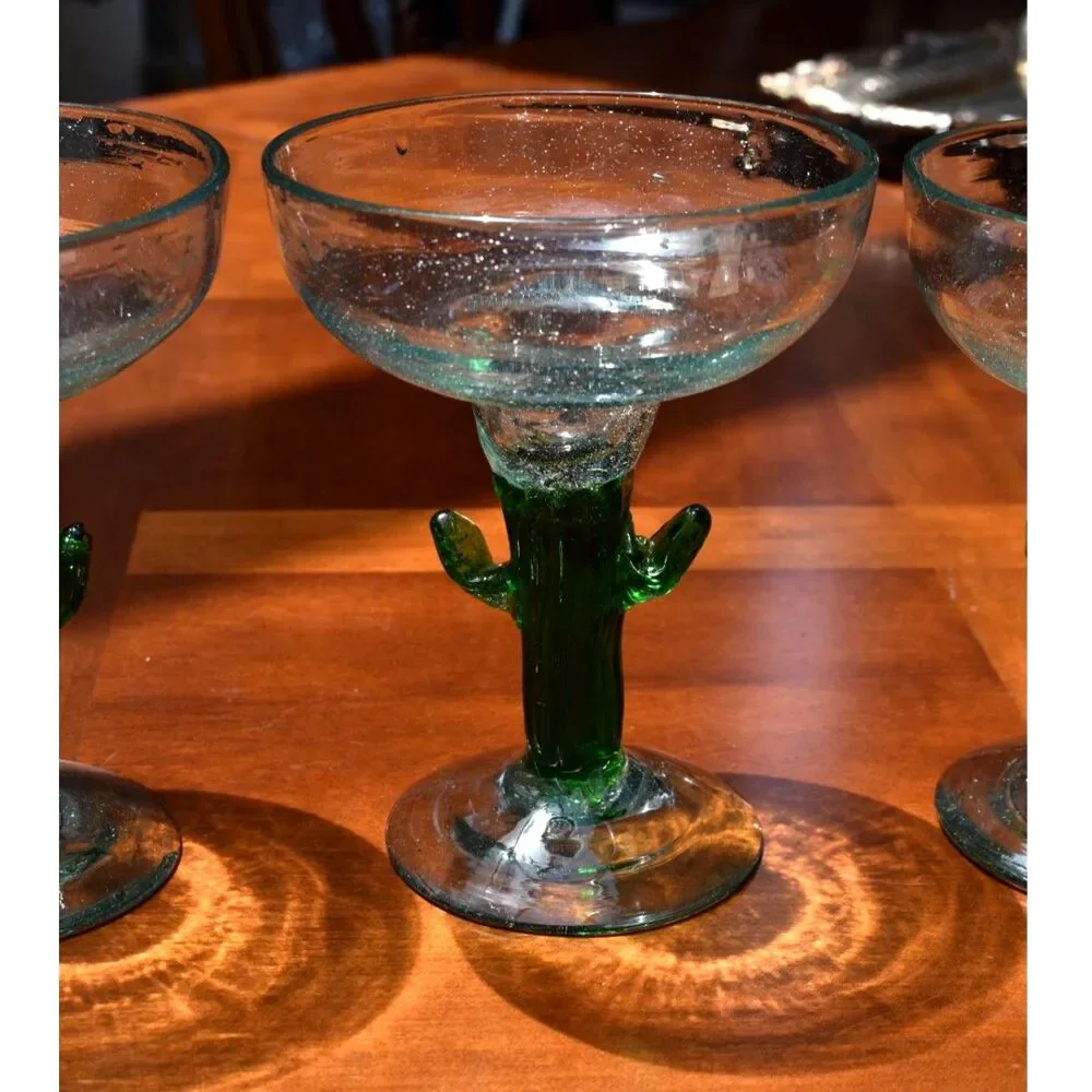 Set of 3 Mexican Hand Blown Cactus Stem Margarita Glasses Blown Heavy Barware